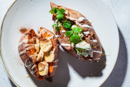 Sweet and salty versions of baked sweet potatoes. Vegan food concept.